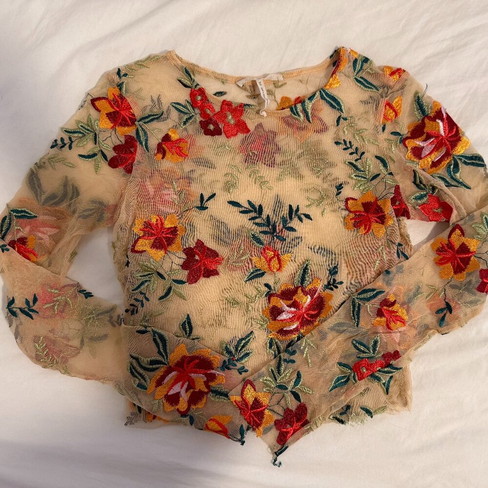 Urban Outfitters Embroidered Floral Mesh Long Sleeve Top